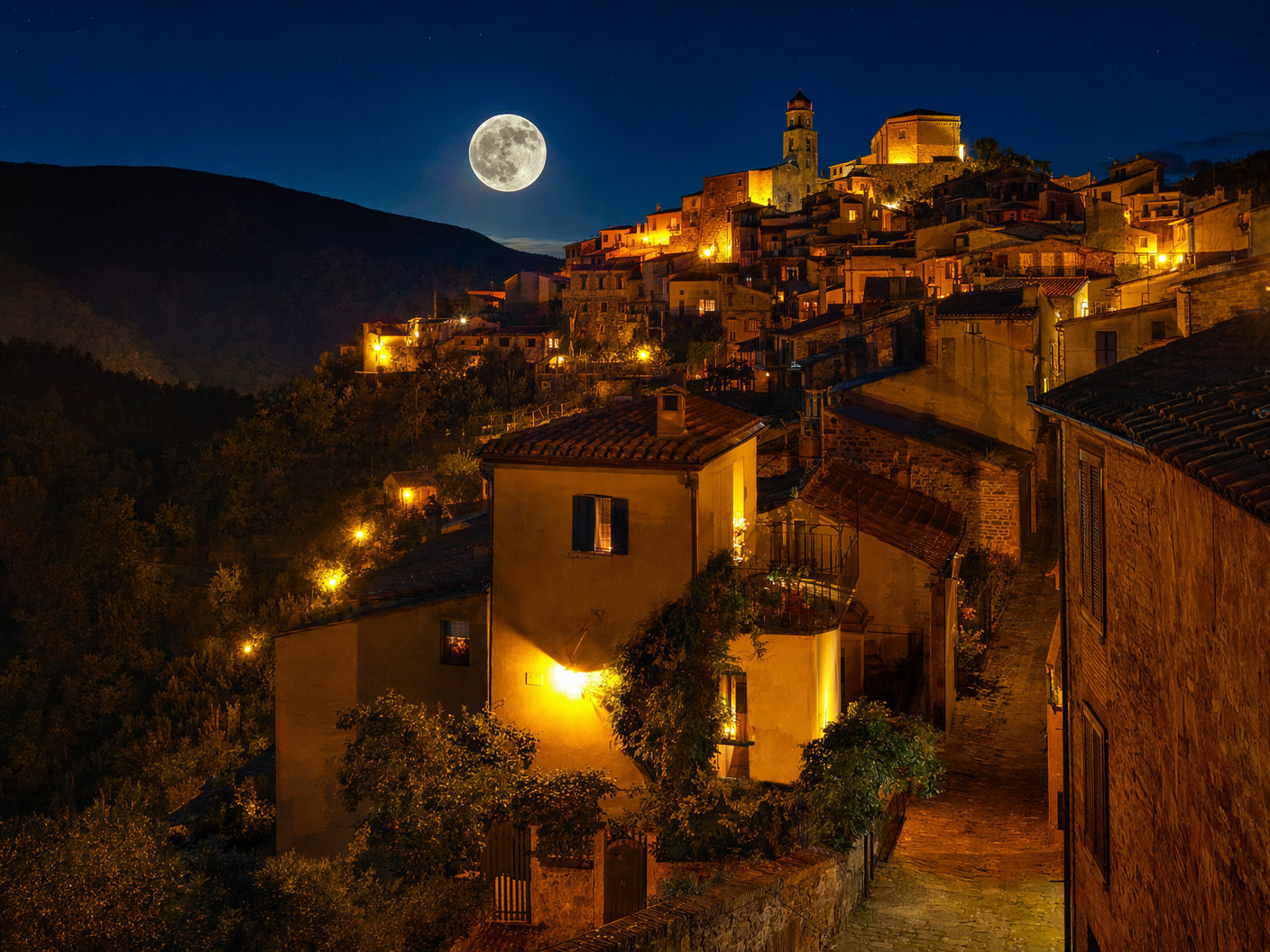 A cozy town at night